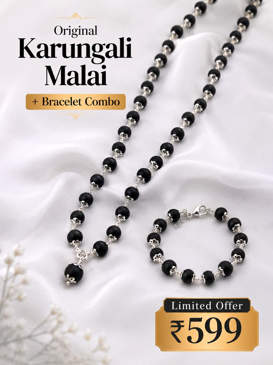 Original Karungali Malai + Bracelet Combo (Silver Cap) – Spiritual Wear for Daily Puja & Peaceful Living