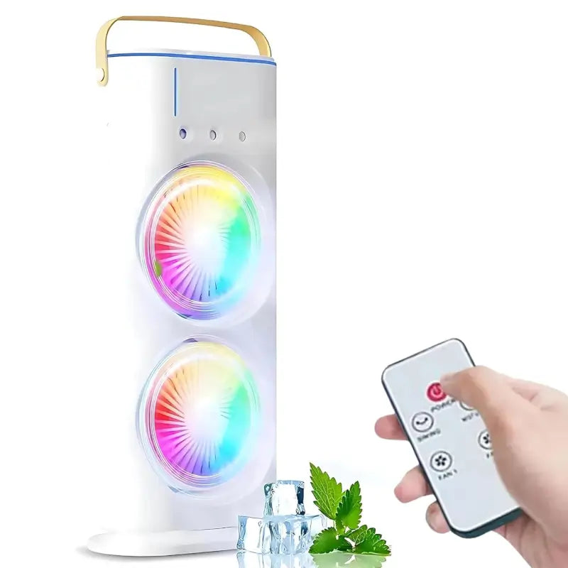 Double-Ended Spray Fan — USB Rechargeable Mini Air Cooler with LED & Remote